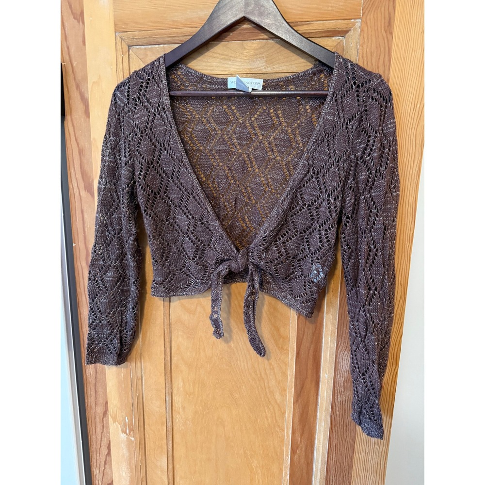 Worthington Brown Metallic Crochet Tie Front Shrug Cardigan Whimsigoth Petite M